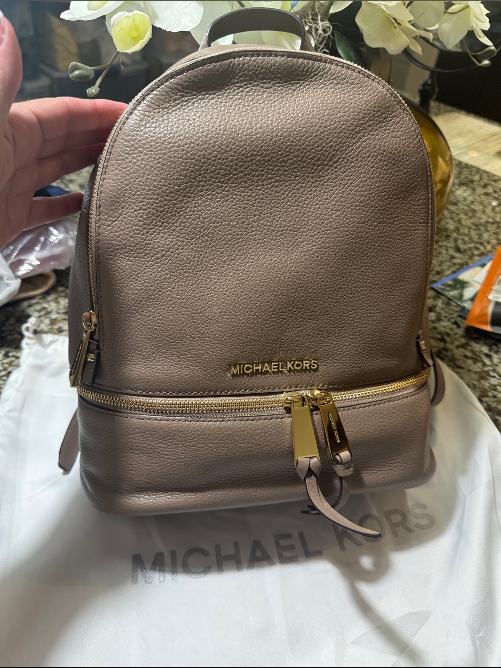 Michael Kors Pebbled Leather Backpack in Metallic Taupe